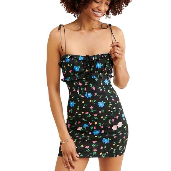 For Love And Lemons Dresses & Skirts - For Love & Lemons Robin Ruched Floral Black Mini Linen Dress NWT Size Small